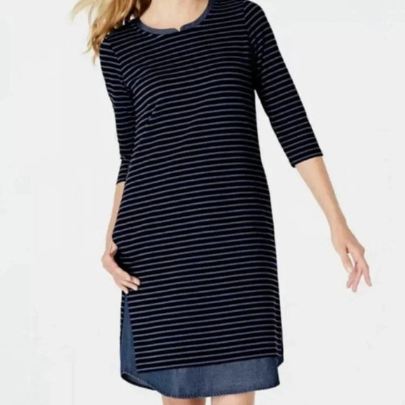 J. Jill Navy Ceil Blue Long Sleeve Striped Shift Dress Size XL - Picture 2 of 10